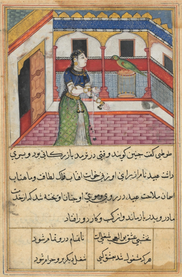 The parrot addresses Khujasta at the beginning of the forty-second night, from a Tuti-nama Tales of a Parrot by  - Classic Art canvas print