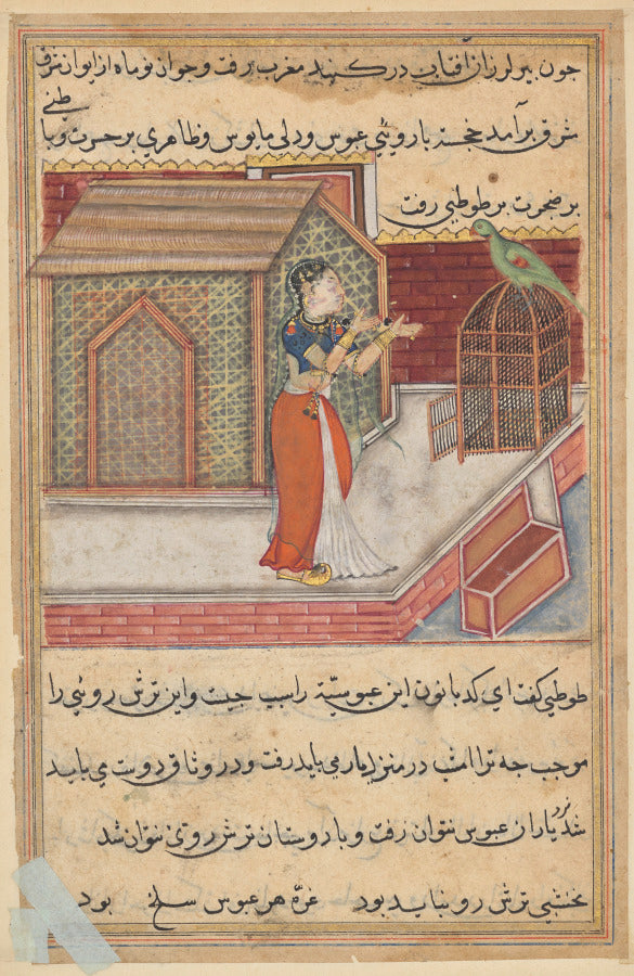 The parrot addresses Khujasta at the beginning of the forty-ninth night, from a Tuti-nama Tales of a Parrot Forty-Ninth Night by  - Classic Art canvas print