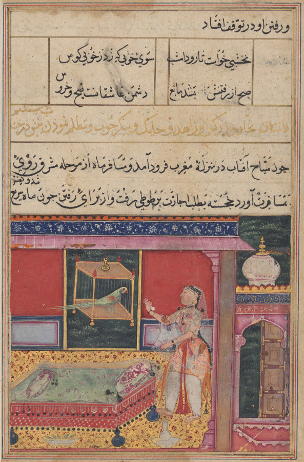 The Parrot Addresses Khujasta at the Beginning of the Sixth Night, from a Tuti-nama Tales of a Parrot by Dasavanta (Indian) - Classic Art canvas print
