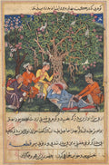 The street cleaner, on his way to meet King Bhojaraja, sleeps under a tree where four thieves disguised as fellow travelers deprive him of a priceless pearl, from a Tuti-nama Tales of a Parrot Twelfth Night by  - Classic Art canvas print