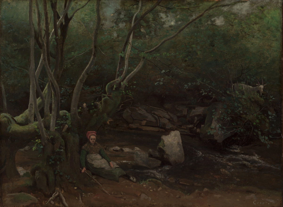 Lormes  Goat-Girl Sitting Beside a Stream in a Forest by Jean Baptiste Camille Corot (French, 1796–1875) - Realist canvas print