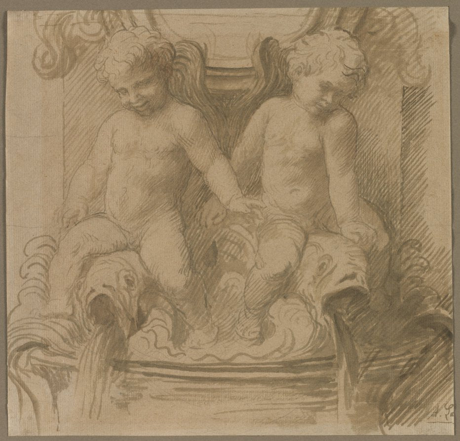Fountain with Putti Riding Dolphins by Alphonse Legros (French, 1837–1911) - Classic Painting canvas print