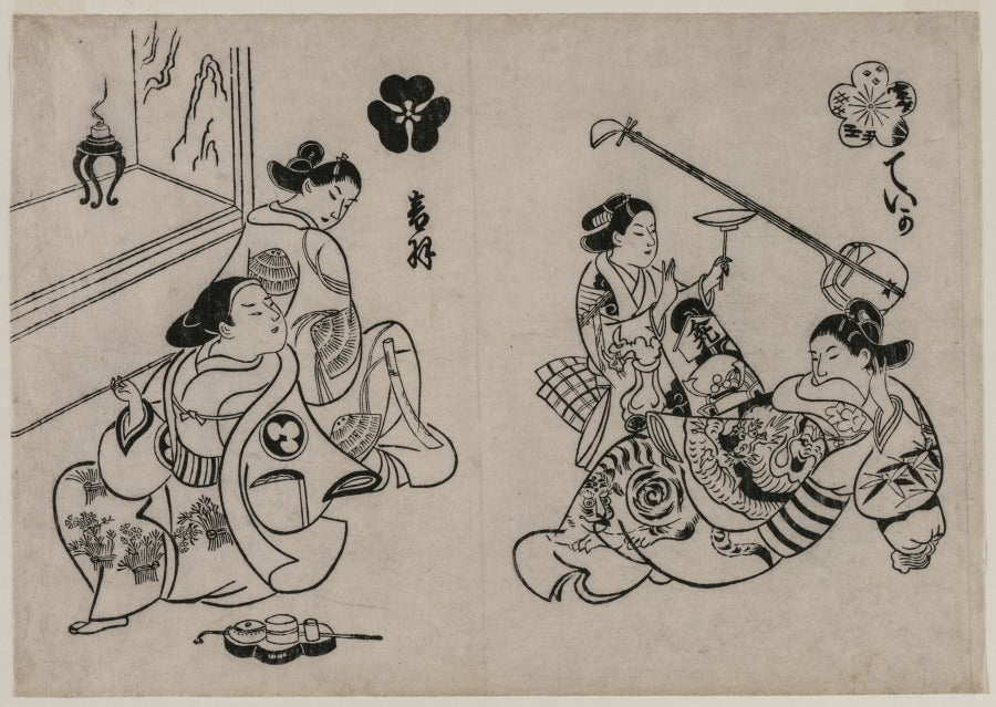 Three Courtesans with a Client by Okumura Masanobu (Japanese, 1686–1764) - Classic Painting canvas print