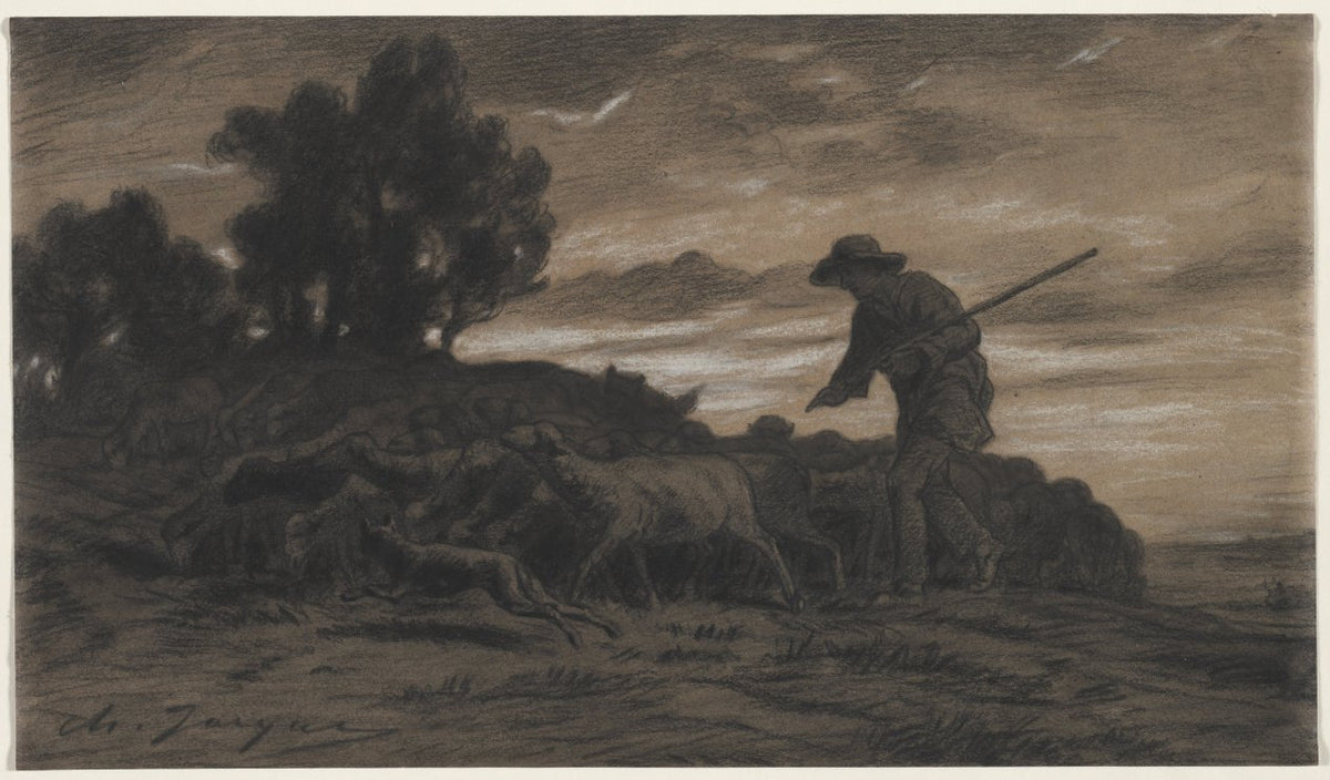 A Shepherd with His Flock by Charles-Émile Jacque (French, 1813–1894) - Classic Painting canvas print