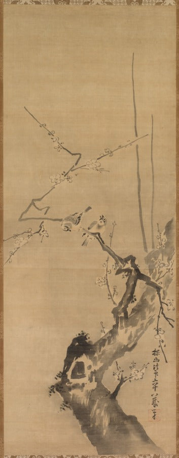 Sparrows on Blossoming Plum A Sage with Tiger Chinese Bird on Snow-Laden Branch by Kano Tan’yū (Japanese, 1602–1674) - Classic Art canvas print