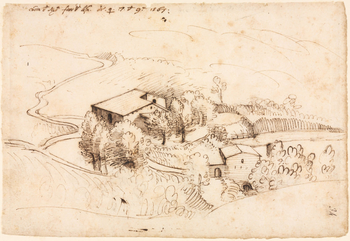 Farm with Trees in a Hilly Landscape recto by Gherardo Cibo (Italian, 1512–1600) - Classic Painting canvas print