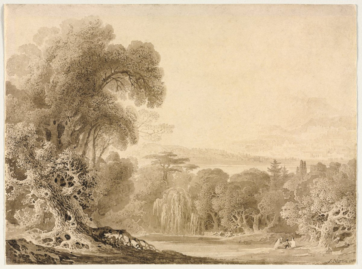 Figures Seated by a Lake in a Wooded Landscape by John Martin (British, 1789–1854) - Classic Art canvas print