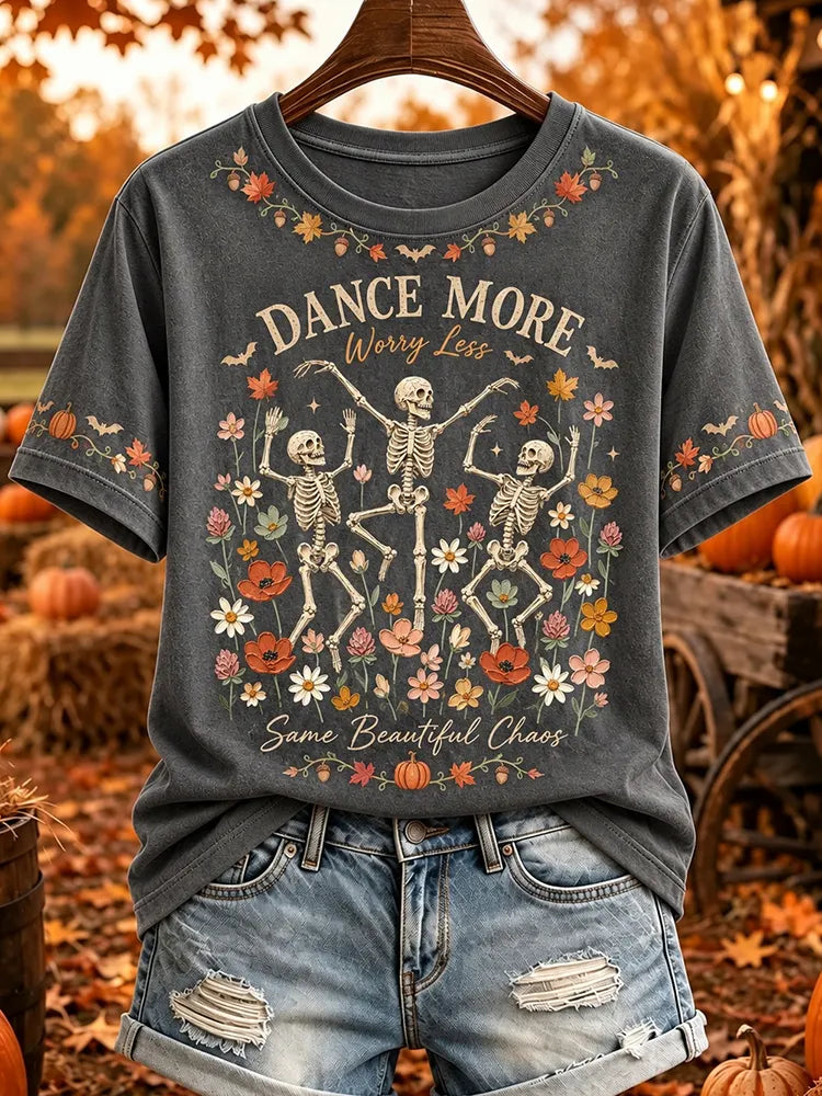 Women's Vintage Halloween Fall Dancing Skeleton Print Crew Neck Short Sleeve T-shirt