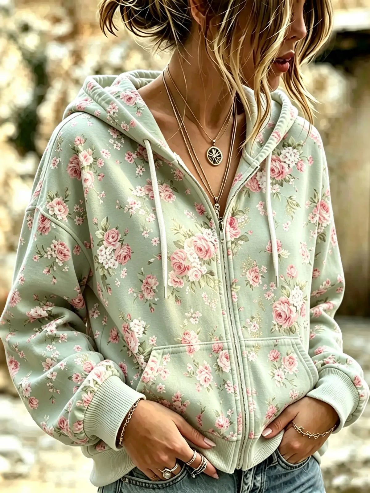 Women's Vintage Floral Art Flowy Casual Warm Zip-up Hoodie