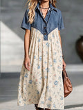 Vintage Denim Spliced Floral Flowing Maxi Dress