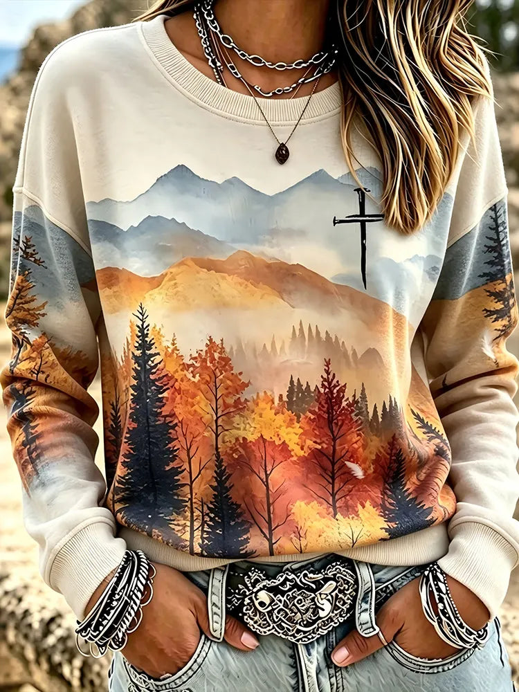 Women's Fall In Faith Autumn Landscape Painting Pattern Sweatshirt
