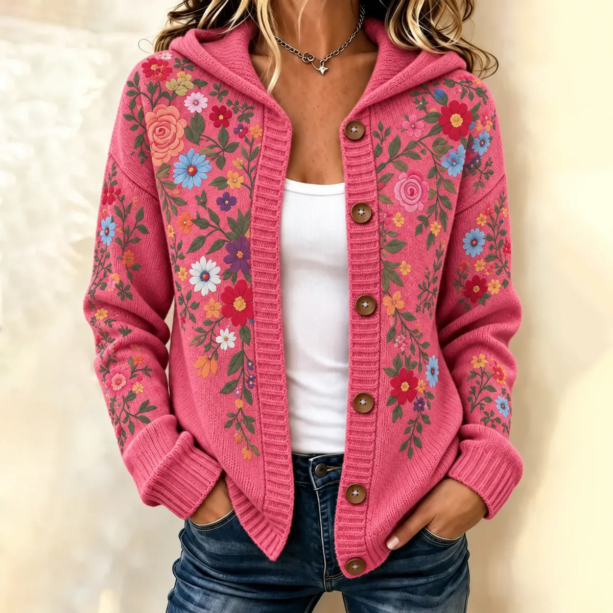 Women's Retro Floral Patterns Cozy Knit Hooded Cardigan