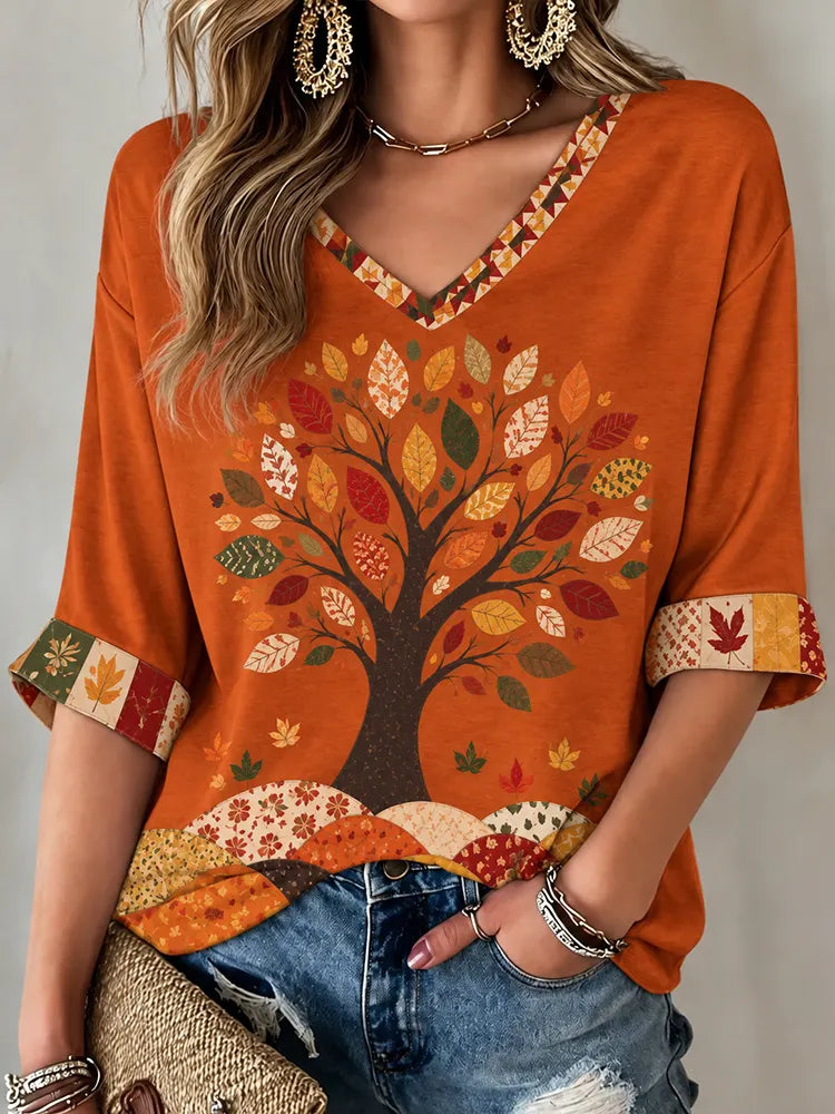 Women's Retro Tree Of Life In Autumn Autumn Print V-neck T-shirt