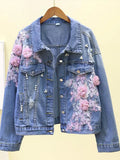 Romantic 3D Floral Applique Pearl Denim Jacket