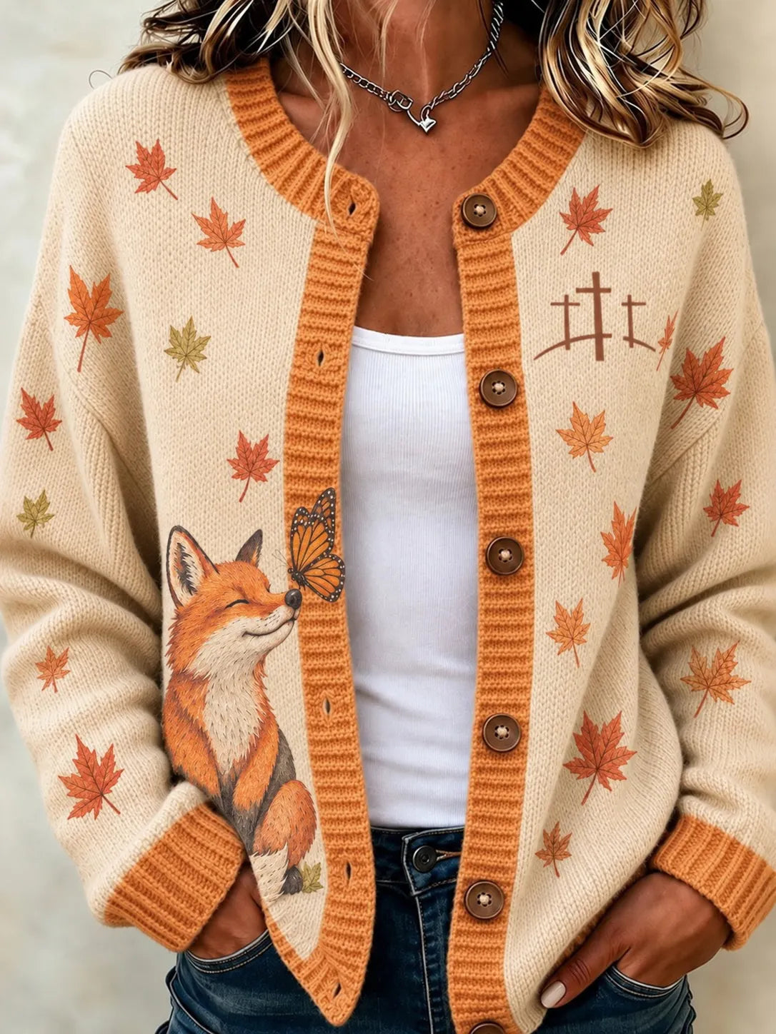 Women's Autumn Cute Fox Fall In Faith Pattern Tri-color Gradient Knit Cardigan