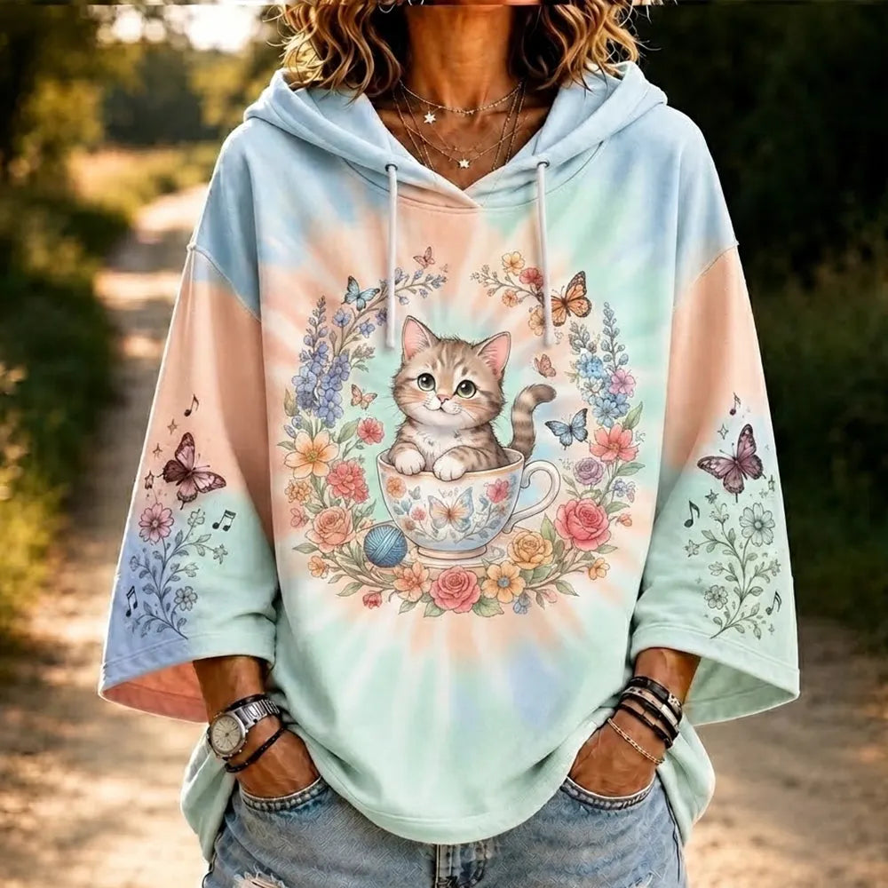 Women's Casual Tie-dye Pullover Hoodie In Pastel With Teacup Kitten, Floral Wreath, And Butterfly Print