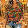 Women's Vintage Boho Fall Maple Leaf Print Art Flowy Linen Blend V‐neck 3/4 Sleeve Top