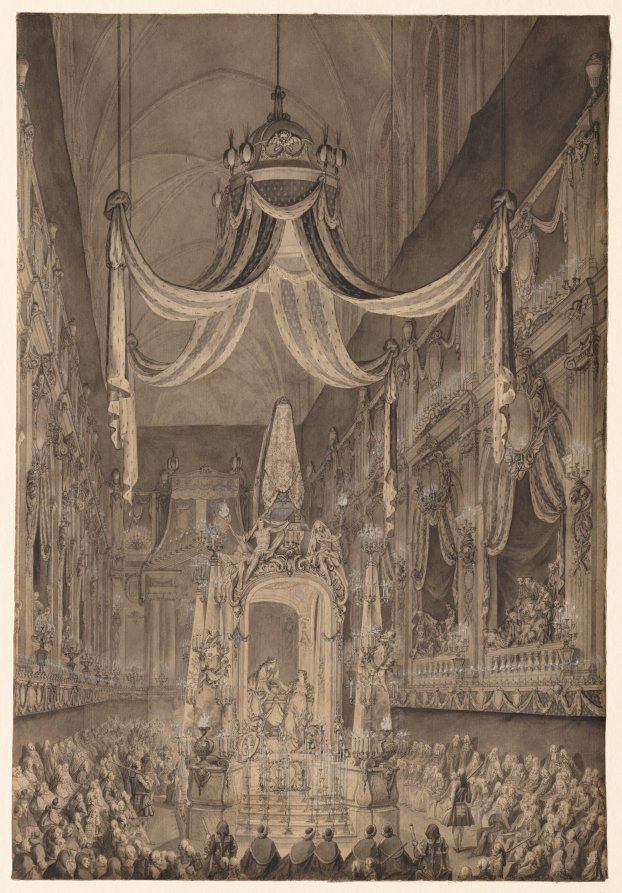 Funeral for Marie-Thrse of Spain, Dauphine of France, in the Church of Ntre Dame, Paris, on November 24, 1746 by Charles-Nicolas Cochin (French, 1715–1790) - Classic Art canvas print