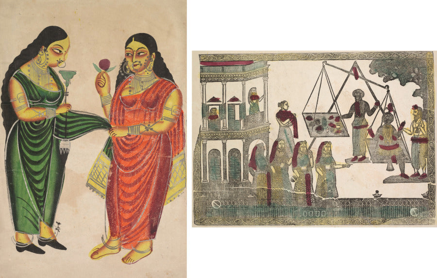 Leaf from a Kalighat album Maid bringing a hookah to a lady recto Krishna weighed against precious objects verso by  - Classic Art canvas print