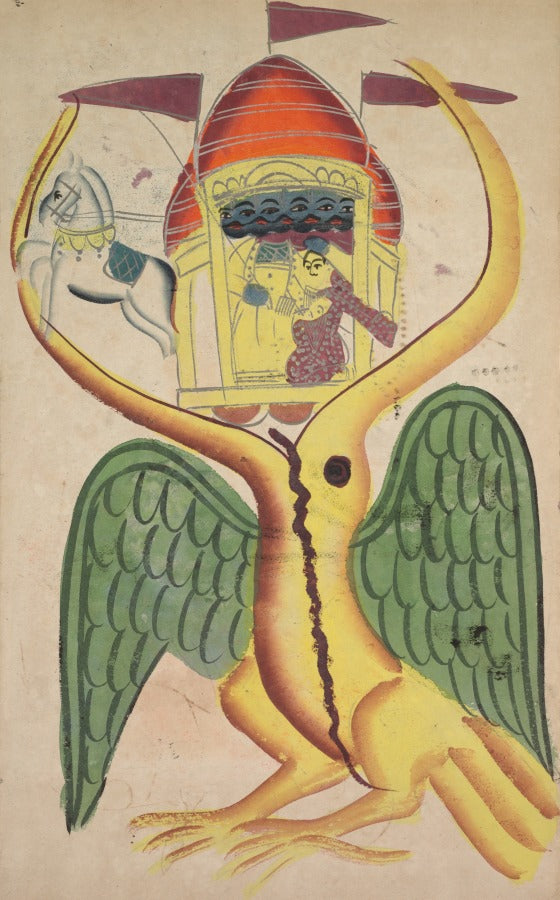 Jatayu hinders Ravanas chariot, trying to prevent the abduction of Sita recto, from a Kalighat album by  - Classic Art canvas print