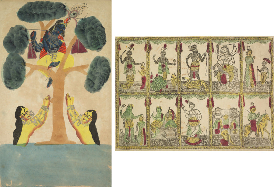 Leaf from a Kalighat album Krishna Steals the Clothes of the Cowgirls Gopis recto Das Avataras, Ten Incarnations of Vishnu verso by  - Classic Art canvas print
