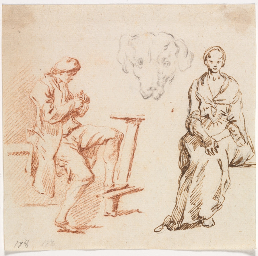 Sheet of Studies Seated Man, Head of a Dog, Seated Woman by Claude-Joseph Vernet (French, 1714–1789) - Classic Art canvas print