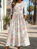 Women's Spring Floral Butterfly Print Pocket Midi Dress