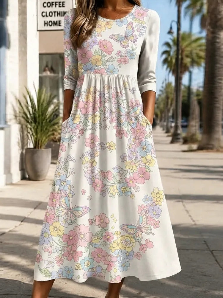Women's Spring Floral Butterfly Print Pocket Midi Dress