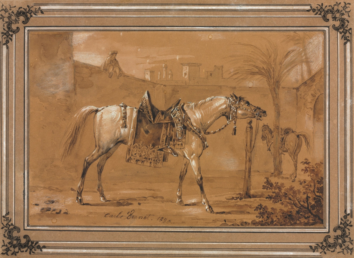 Saddled Arabian Horse in Courtyard by Carle Vernet (French, 1758–1836) - Classic Painting canvas print