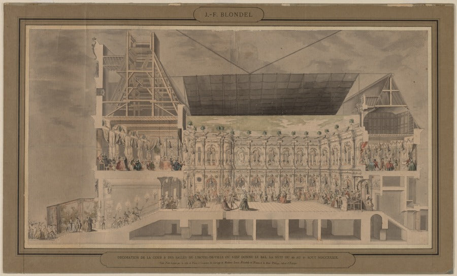 Cross Section of the Htel de Ville Seen in Perspective Showing the Decoration and Illumination of the Courtyard and Rooms Created on the Occasion of the Ball Given the Night of August 30 and 31, 1739 by Jacques-François Blondel (French, 1705–1744) - Classic Painting canvas print