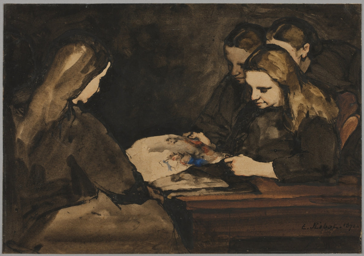 Four Girls Studying a Drawing by Théodule Ribot (French, 1823–1891) - Classic Painting canvas print