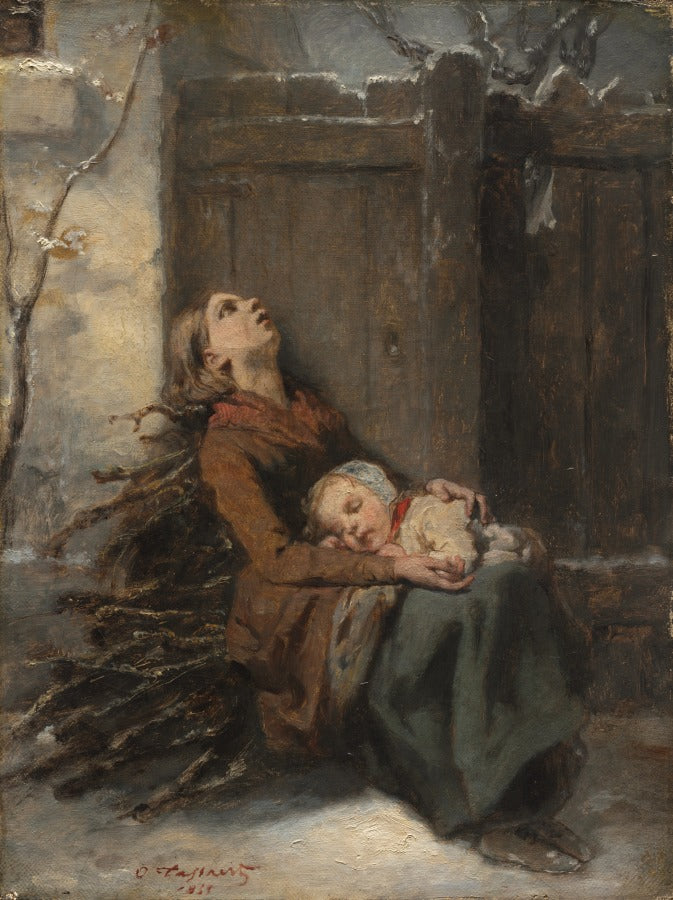 Destitute Mother and Child in Winter by Octave Tassaert (French, 1800–1874) - Classic Art canvas print