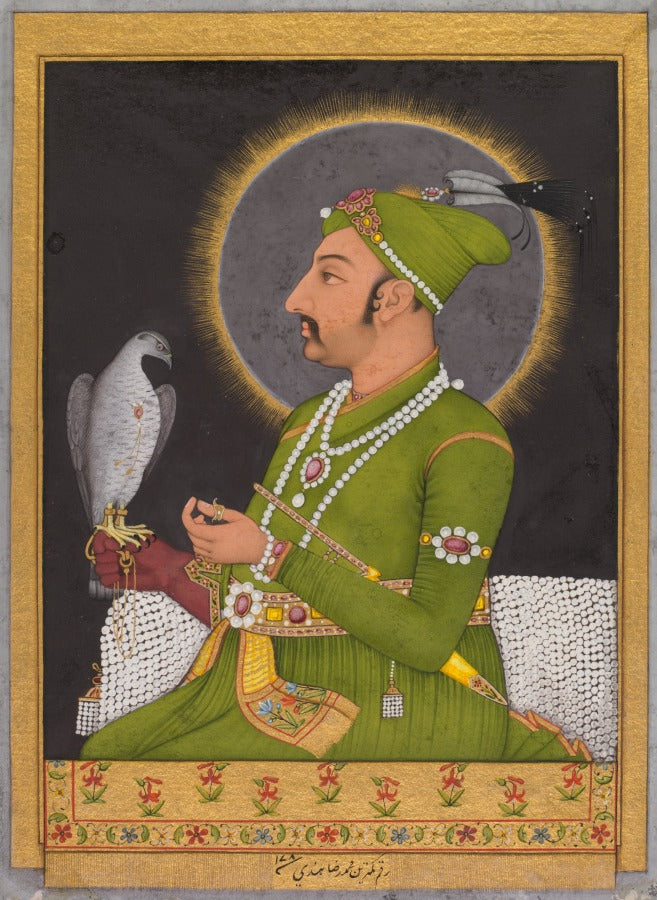 Posthumous portrait of the Mughal emperor Muhammad Shah reigned 17191748 holding a falcon recto by Muhammad Rizavi Hindi (Indian, active mid-1700s) - Classic Art canvas print
