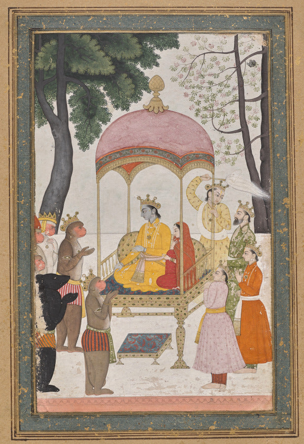 Enthroned Rama and Sita receive homage from their monkey and bear Allies, from the Yuddha Kanda Book of the War of a Ramayana Ramas Journey by  - Classic Art canvas print