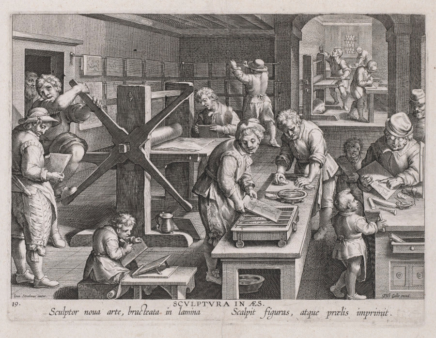 Sculptura in Aes, The Workshop of an Engraver by Jan van der Straet, called Johannes Stradanus (Netherlandish, active Italy, 1523–1605) - Classic Art canvas print