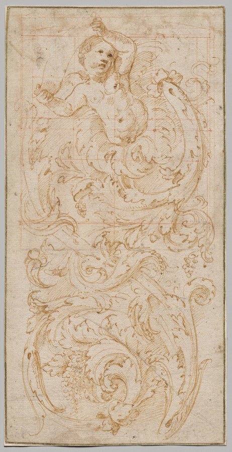 Design for a Frieze with a Putto and Acanthus Leaves by Giulio Romano (Italian, 1492/99–1546) - Classic Art canvas print