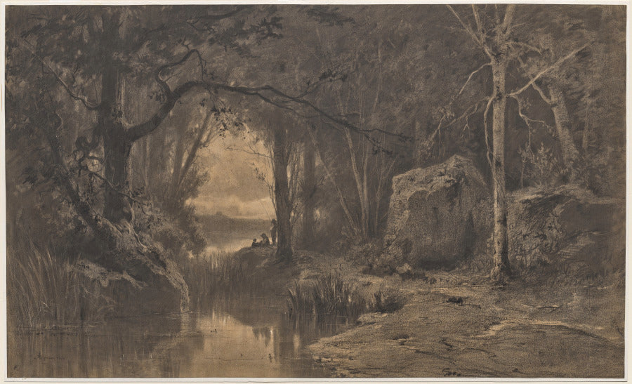 Three Fishermen Along the Banks of a River at the Edge of a Forest by Adolphe Appian (French, 1818–1898) - Classic Art canvas print