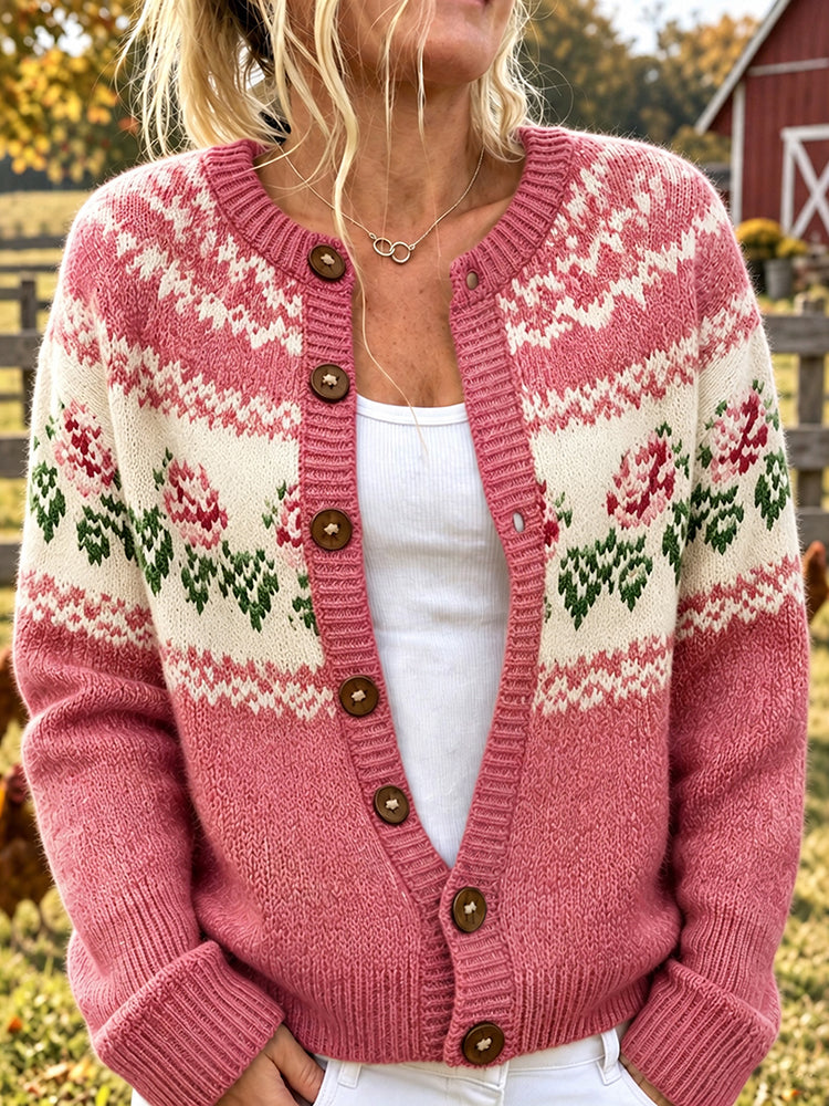 Women's Retro Rose Floral Pattern Art Casual Knit Cardigan