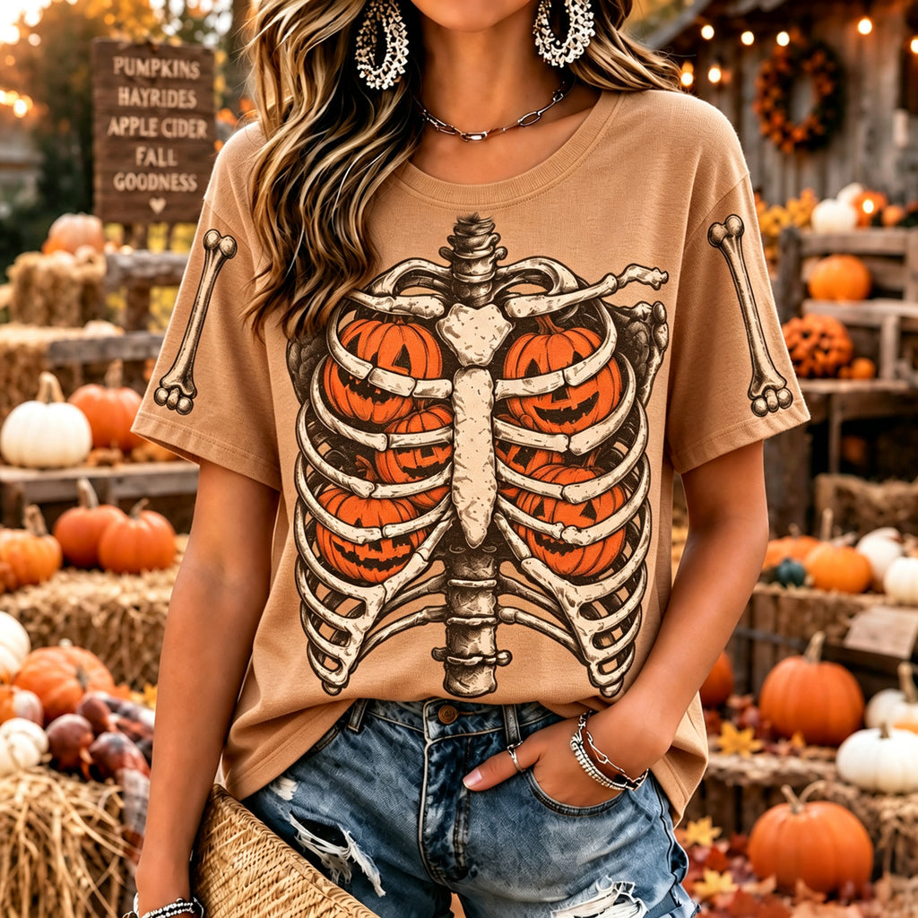Women's Vintage Halloween Fall Pumpkin In Skeleton Print Crew Neck Short Sleeve T-shirt