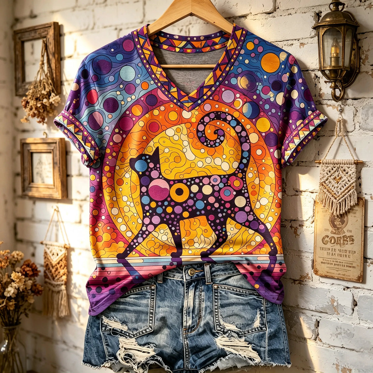 Women's Retro Bohemian Geometric Cat Print T-shirt