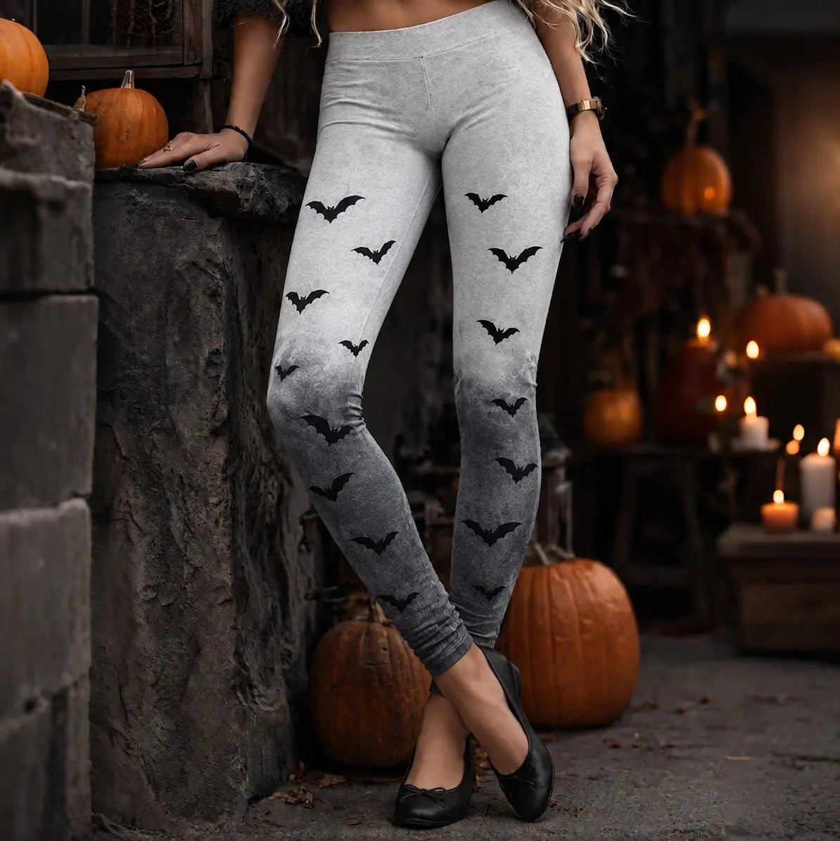 Women's Vintage Skeleton And Bat In Gradient Print Comfy Leggings