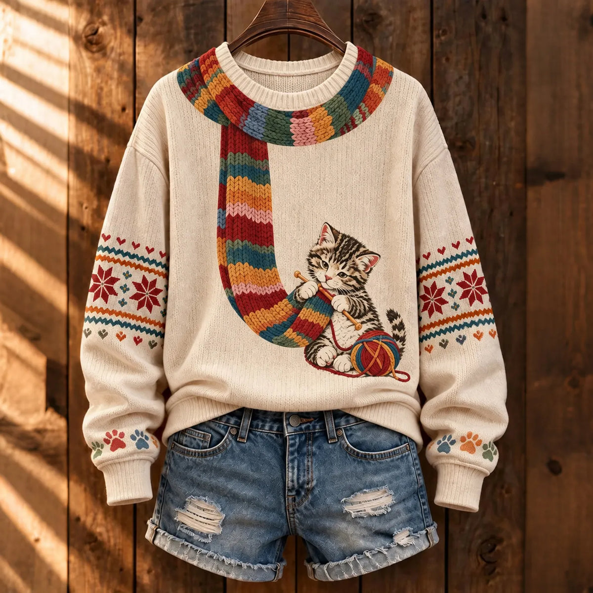 Women's Cat Knitting A Scarf Fun Cat 3d Print Sweater