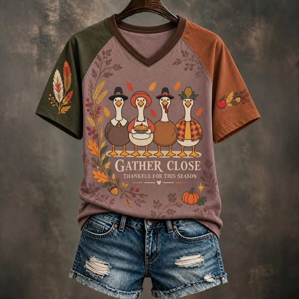 Women's Vintage Autumn Thanksgiving Print T-shirt