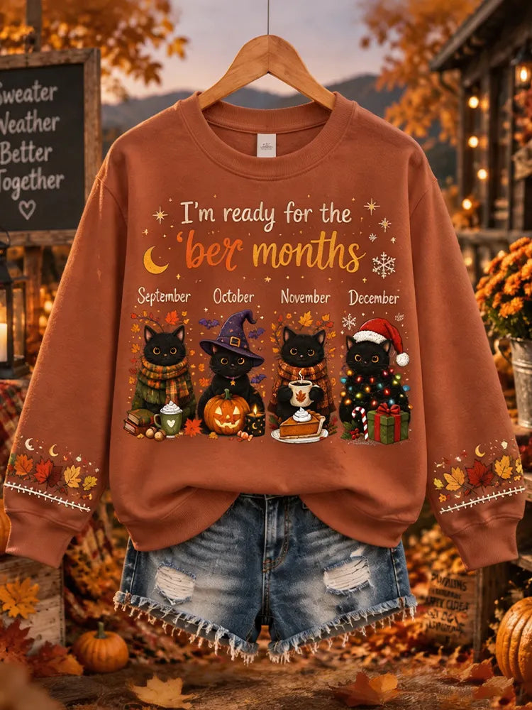 Women's Cute Retro "welcoming The 'ber' Months" Black Cat Sweatshirt