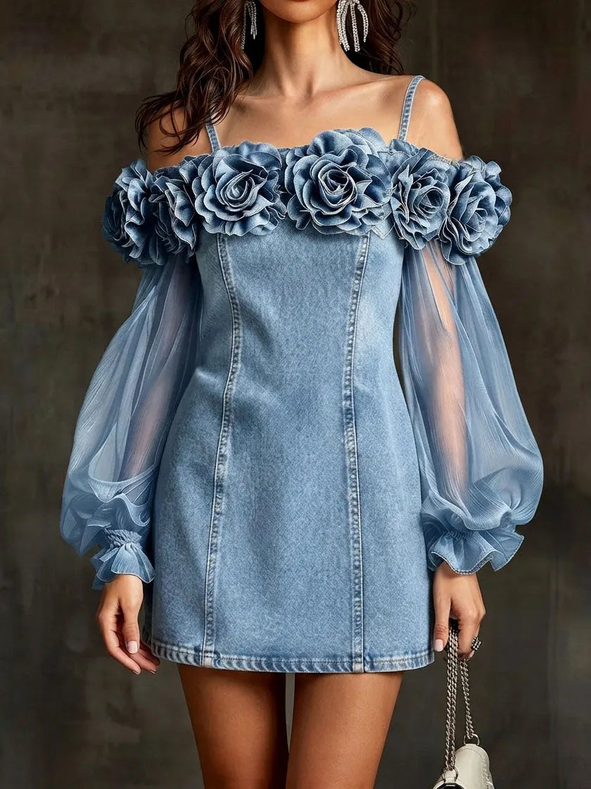 Romantic Three-dimensional Floral Denim Mini Dress