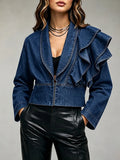 Casual Ruffled Cropped Denim Jacket