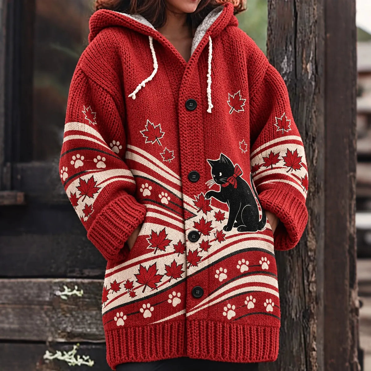 Women's Cute Cat And Maple Leaf Jacquard Knit Hooded Cardigan