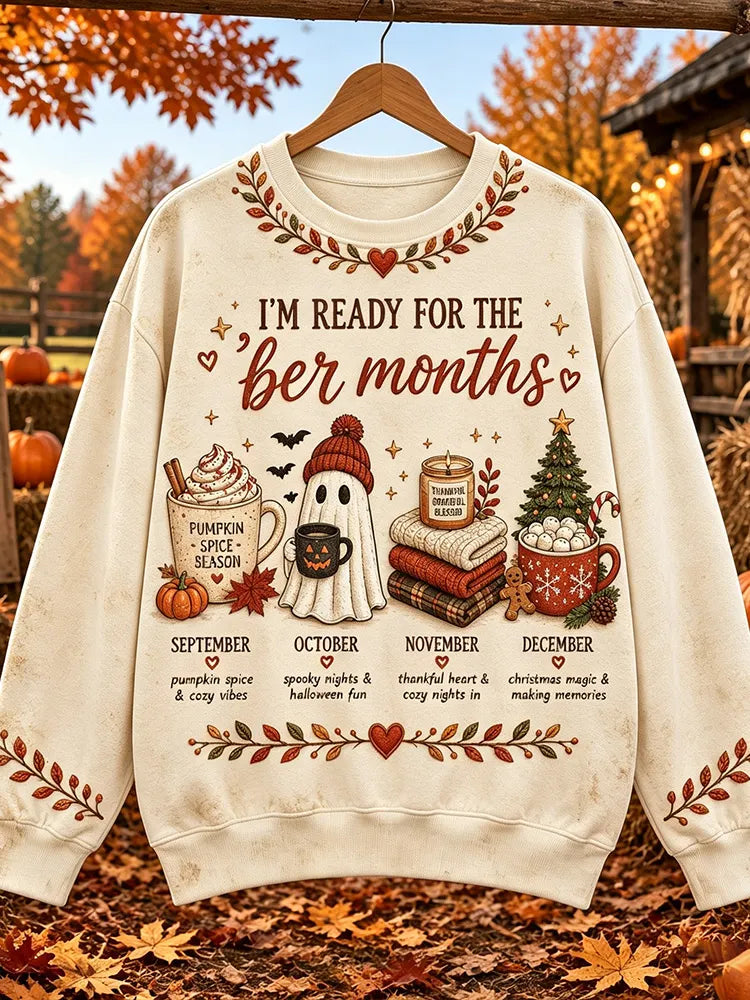 Women's "i'm Ready For 'august' (autumn Month)" Pumpkin Spice Ghost And Holiday Print Crewneck Sweatshirt