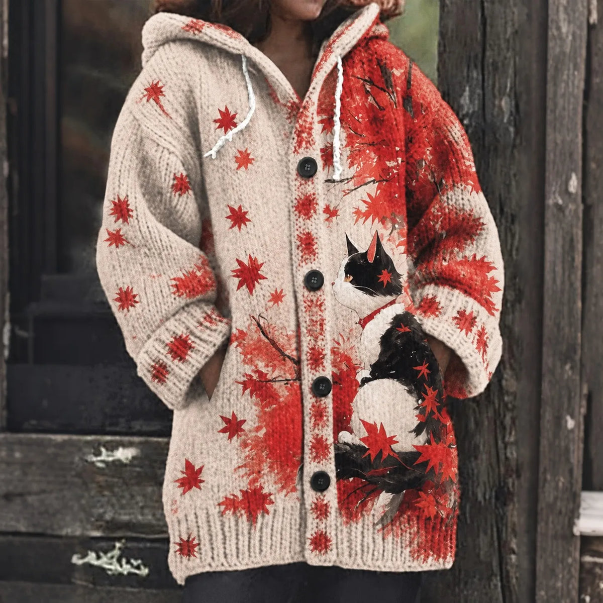 Women's Cute Cat And Maple Leaf Jacquard Knit Hooded Cardigan