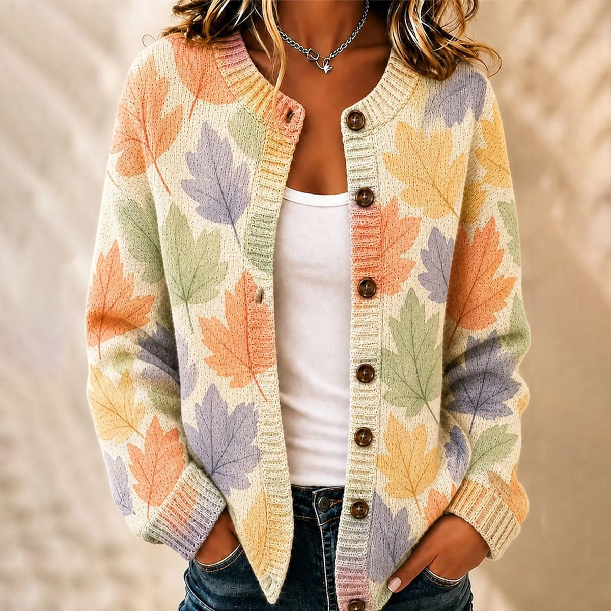 Women's Fall Maple Leaf Pattern Watercolor Art Print Sweater Cardigan